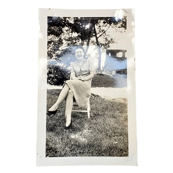 Vtg Lady Laughing Posing with Vehicle Behind Original Monochrome Photography - Picture 1 of 4